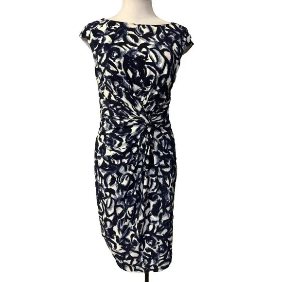 Ralph Lauren Dress 8 Stretch Sheath Blue Ivory Washable Knot Sleeveless NEW - Picture 2 of 13